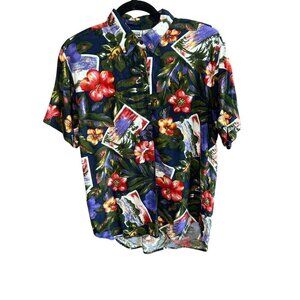 Capacity Vintage 90s Floral Postcard Coastal Boho Casual Button Front Shirt